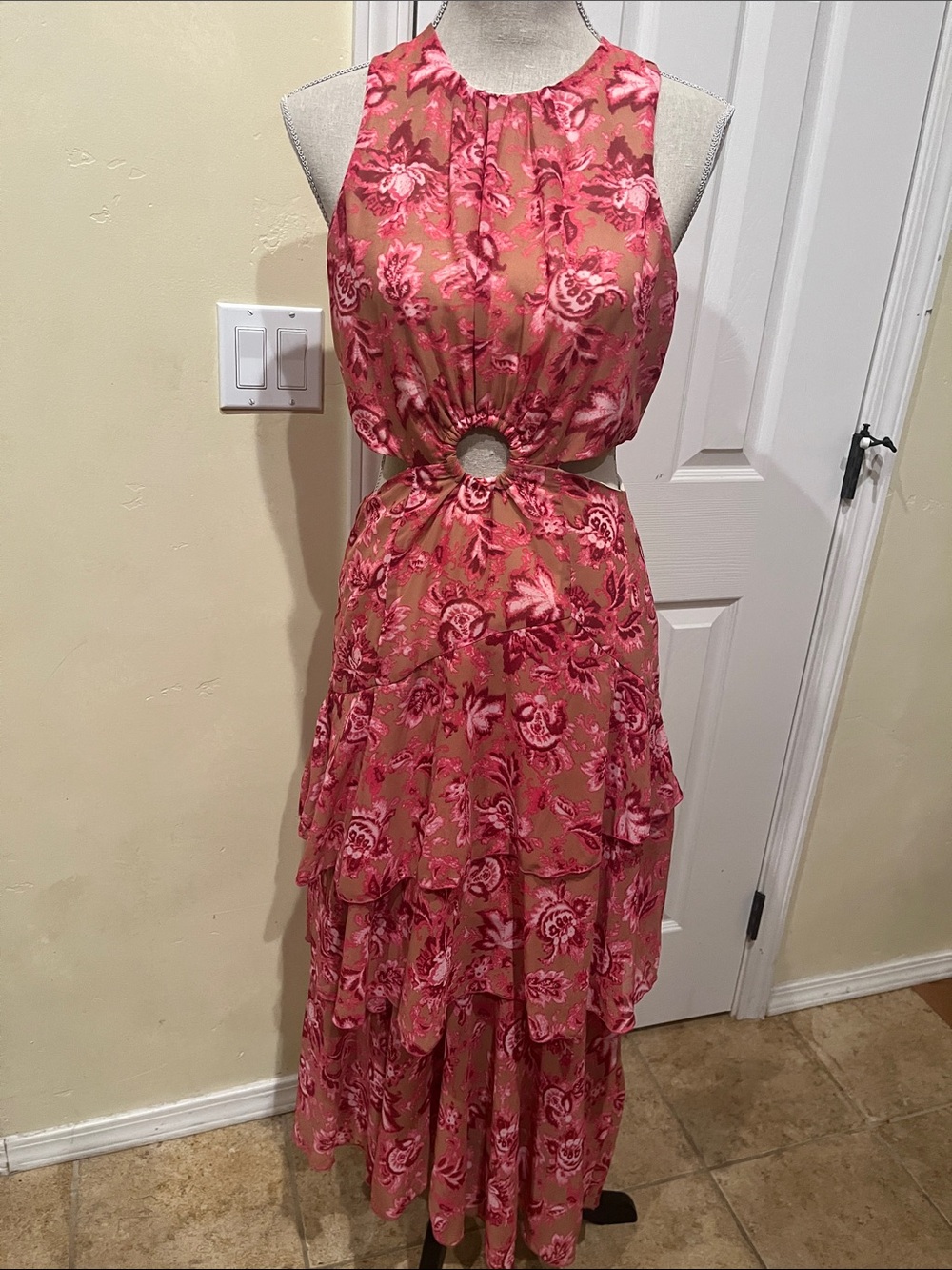SHEIN Pink Floral Cutout Tiered Maxi Dress